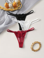 Women's Thong Panties Set 3-Pack in Black White Wine Red Semi-Sheer Knit Fabric