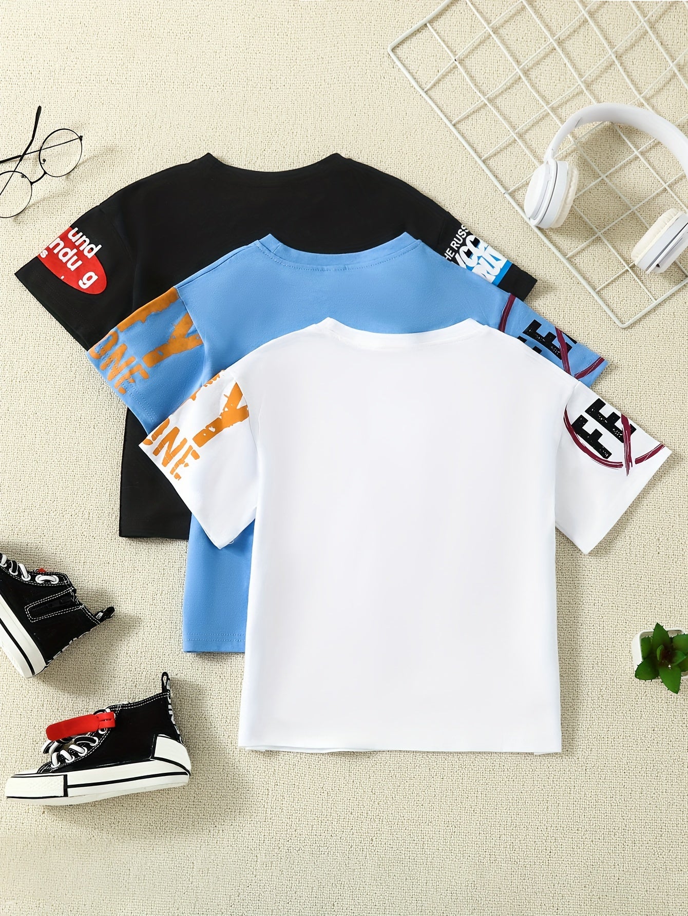 Kids Boys Cotton T-Shirts Summer Cartoon Prints Drop Shoulder Short Sleeve Pack of 3