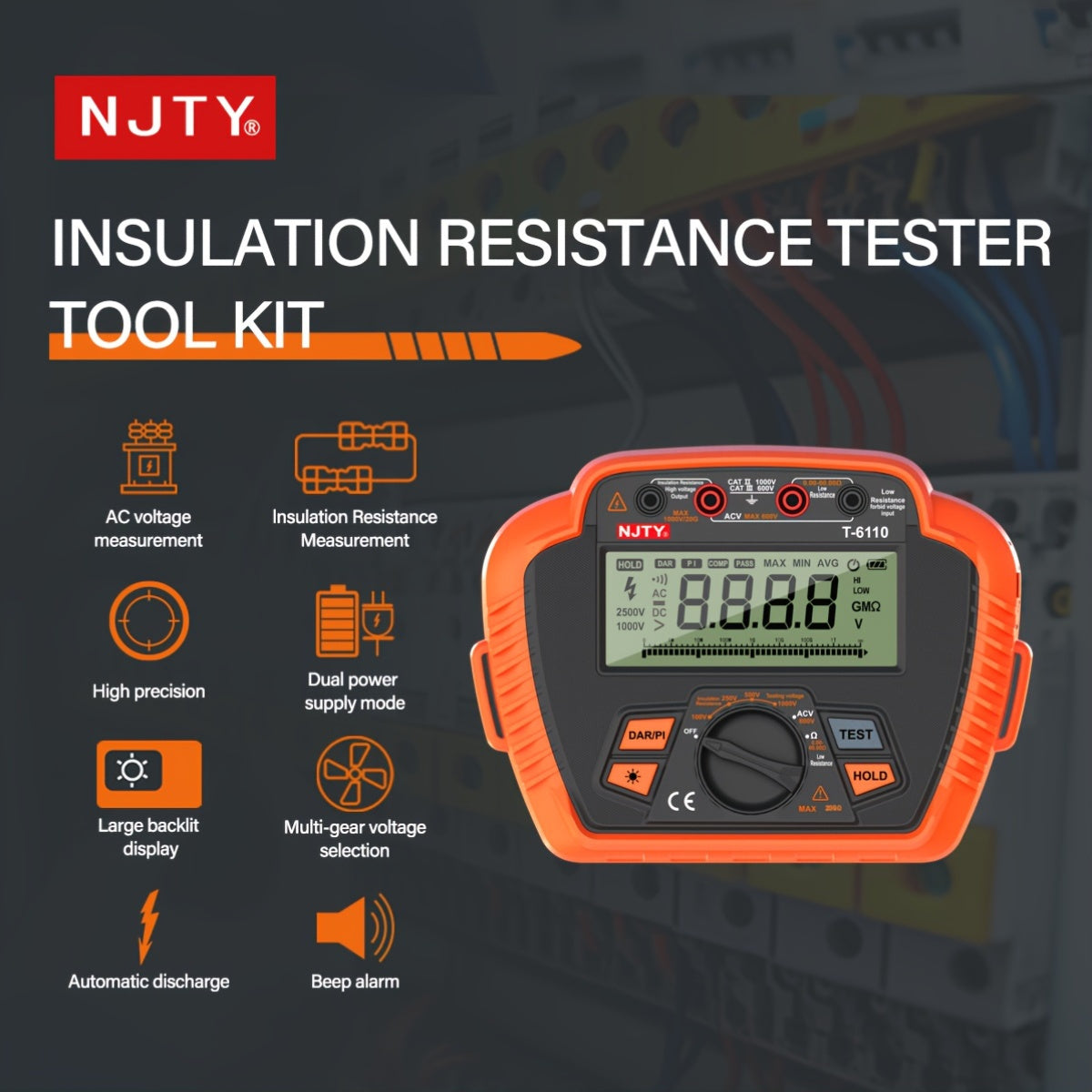 Digital Insulation Resistance Tester 1000V/2500V Portable Megohmmeter with Backlit LCD