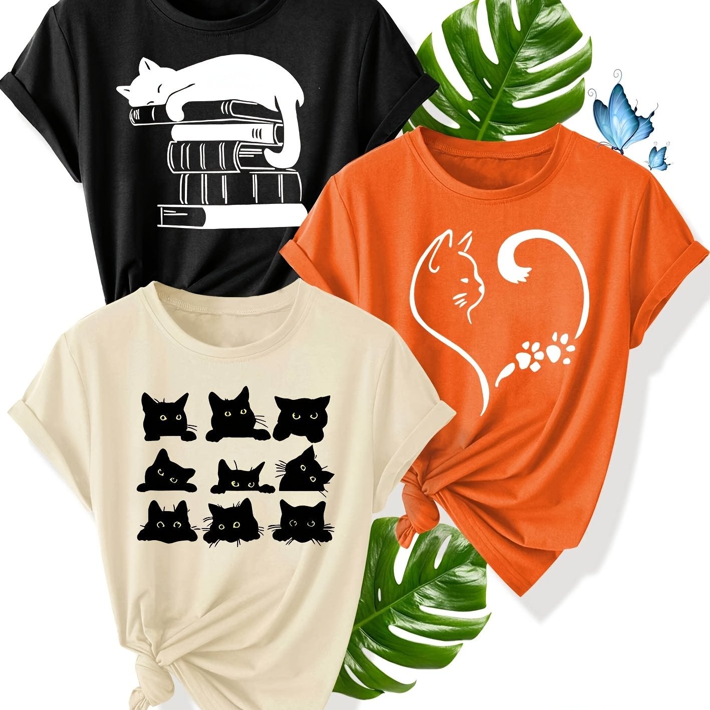 Camisetas de mujer con estampado de gato, poliéster, manga corta, cuello redondo, pack de 3