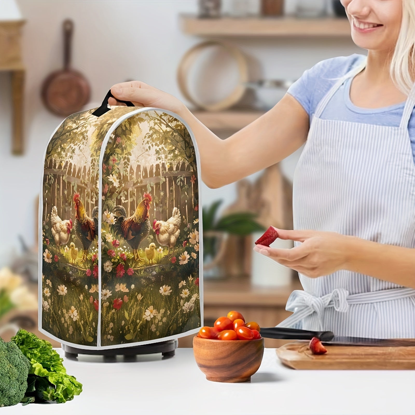 Foldable Kitchen Appliance Cover with Top Handle Daisy Rooster Pattern Small Food Processor Protector