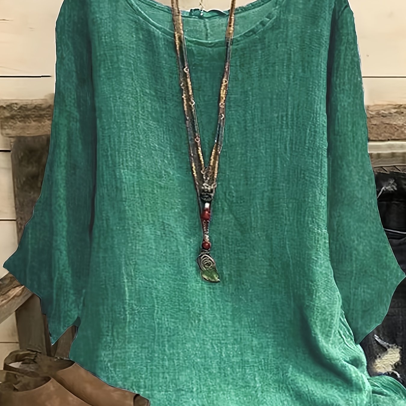 Camiseta de manga larga para mujer talla plus, de cuello redondo, de color sólido, ajuste holgado y relajado