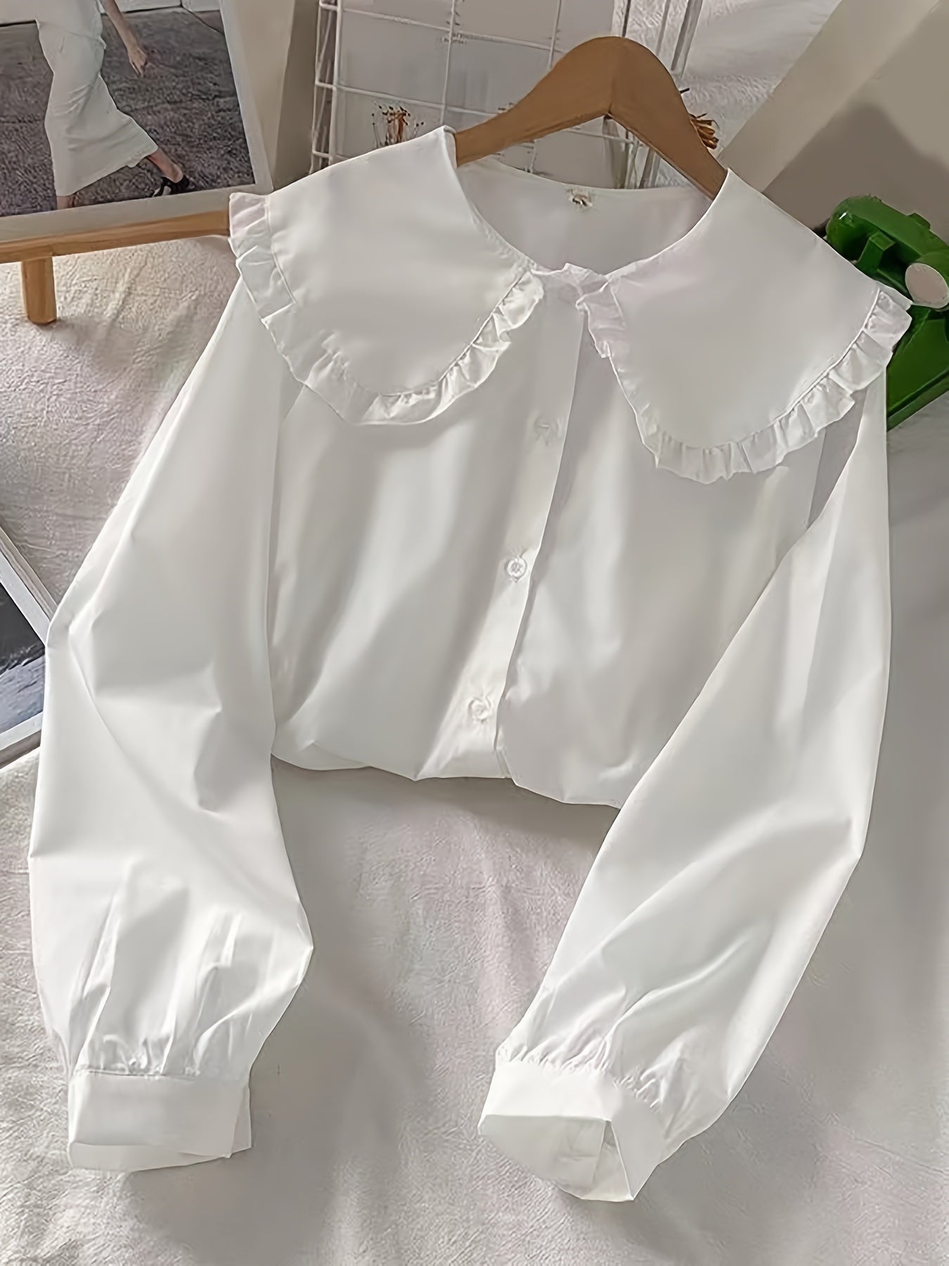 Women's Long Sleeve Shirt with Doll Collar Micro Elastic Polyester Solid Color Teen