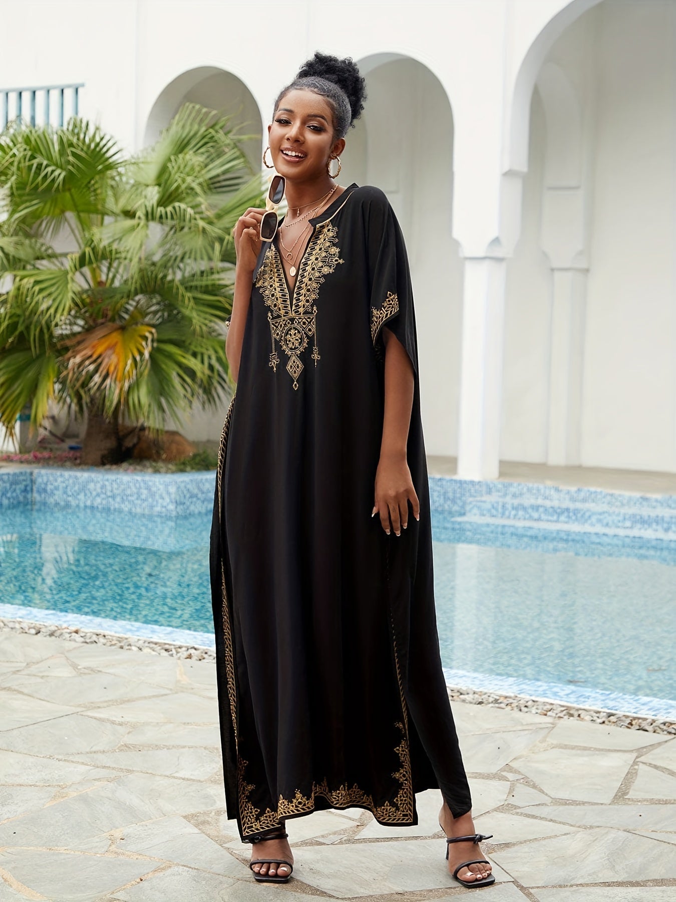 Women's Plus Size Boho Kaftan Dress Gold Embroidered Bat Sleeve Maxi Cover Up