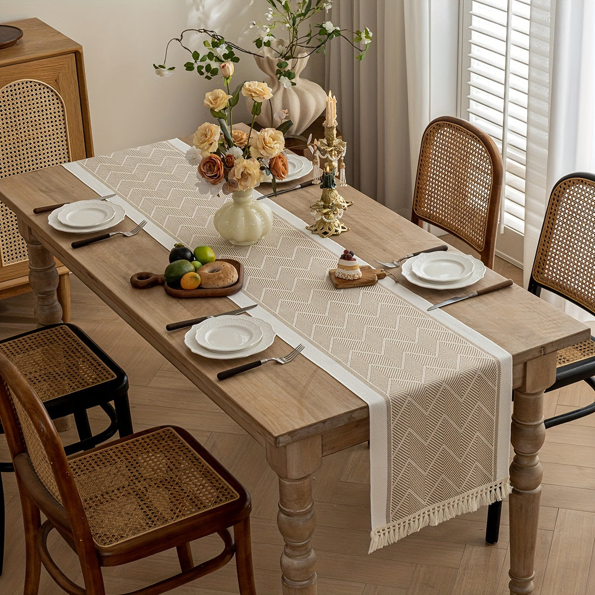 Beige Striped Polyester Table Runner with Fringe Tassels for Home and Event Decor
