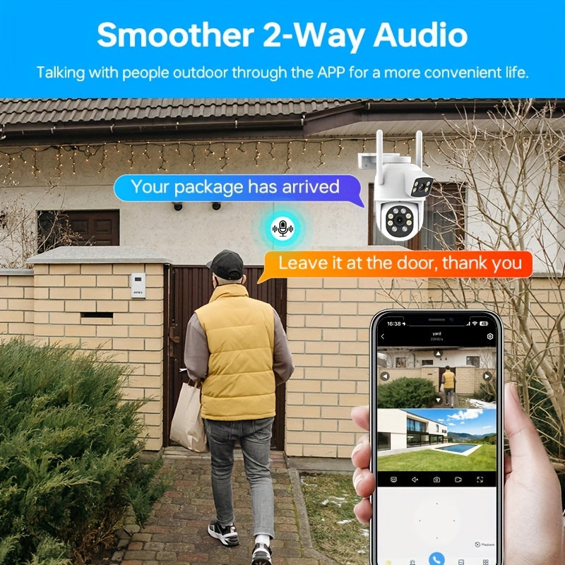 Tashqi simsiz xavfsizlik kamerasi, ikki linzali 360° ko'rinish, ilova xabarlari, rangli tungi ko'rinish, harakatni aniqlash, ikki tomonlama audio, SD/Cloud saqlash, IP65 suv o'tkazmaydigan - 4MP rezolyutsiya, 2.4g/5g Wifi'ni qo'llab-quvvatlaydi.