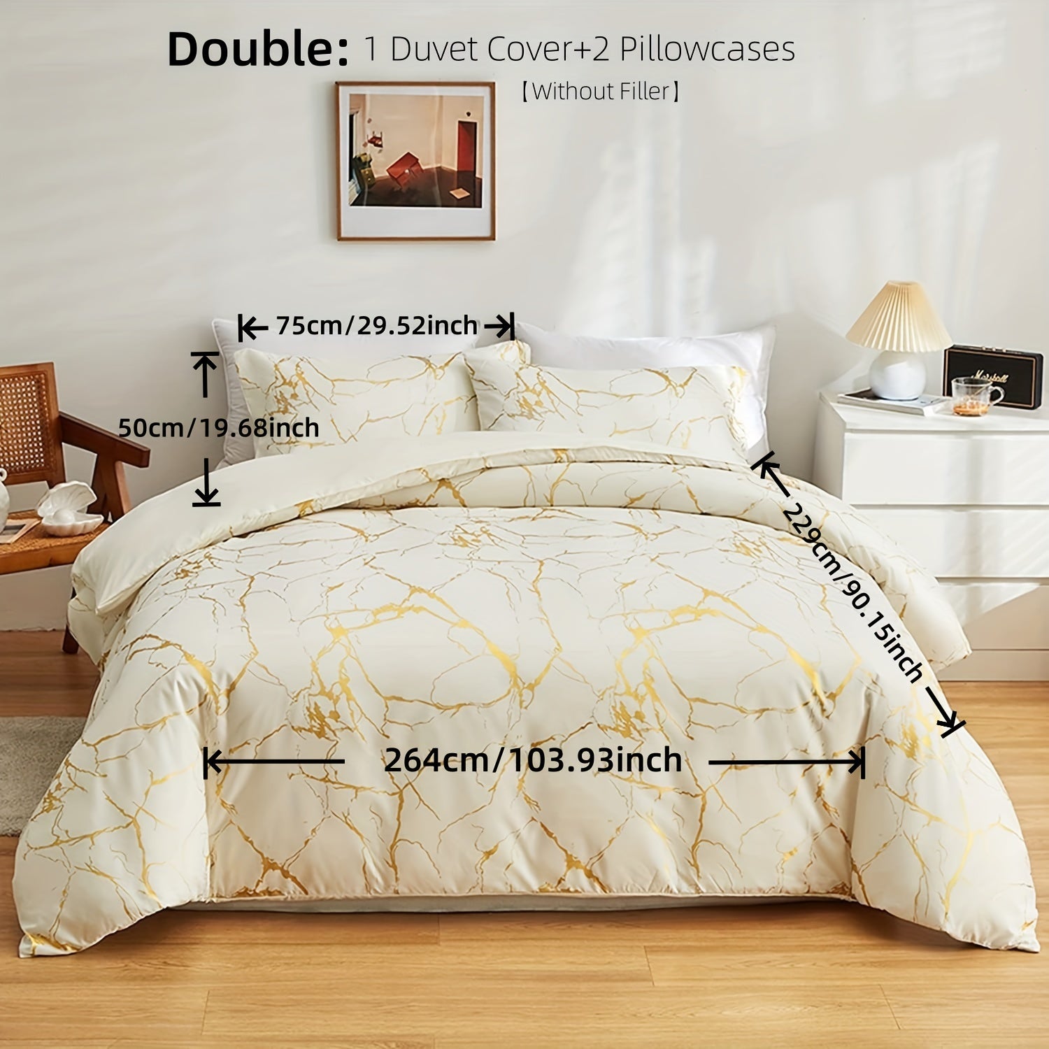 White Marble Pattern Quilt Cover Set with Gold Foil Print 2/3 Pieces Bedding