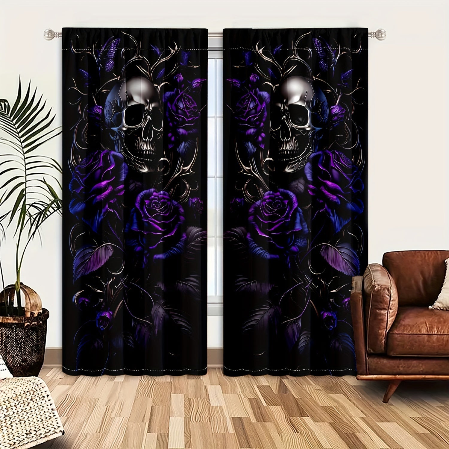 Semi-Transparent Halloween Skull and Butterfly Chrysanthemum Curtains Set of 2 Privacy Drapes for Living Room Bedroom