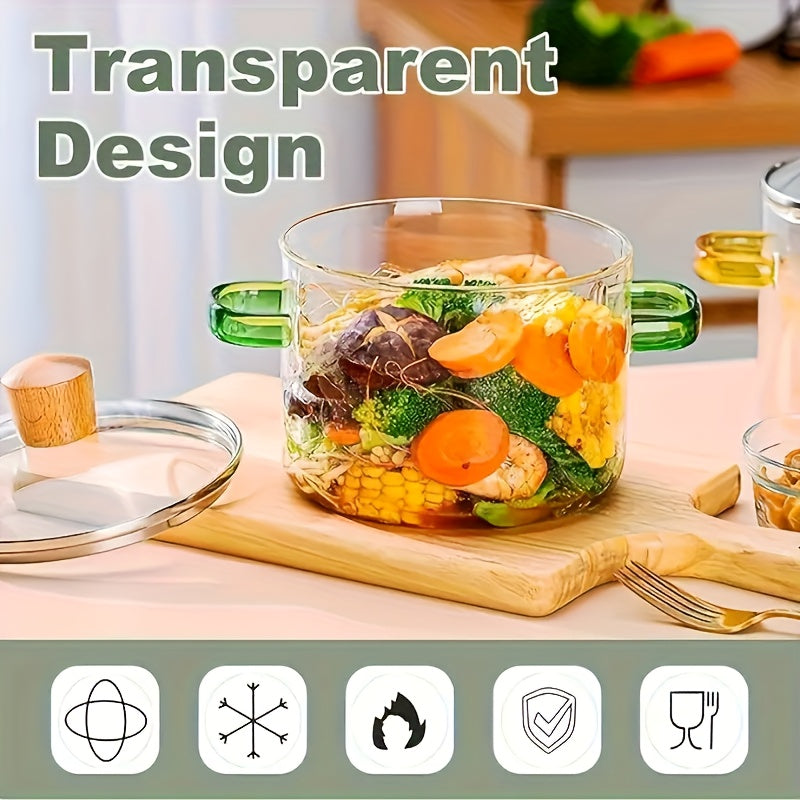 Olla de vidrio de borosilicato de 52oz con asa verde, utensilio de cocina transparente resistente al calor para sopa, gachas, pasta, con tapa