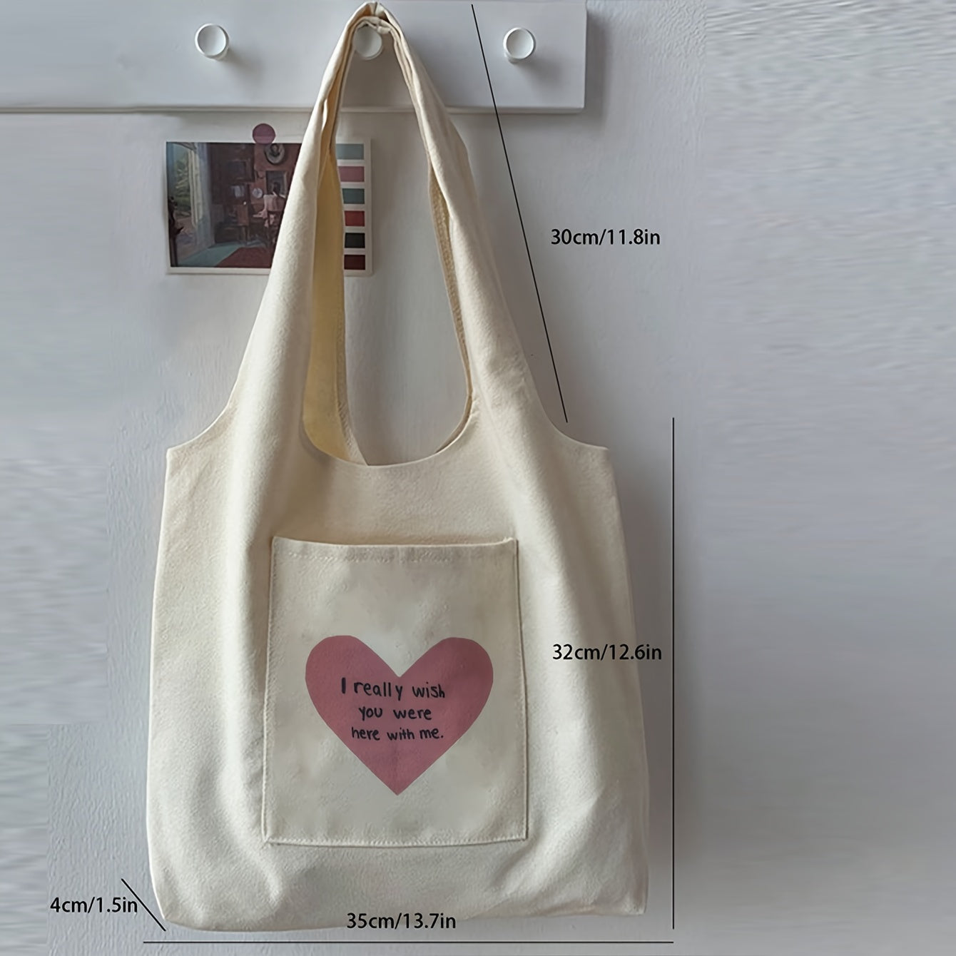 Women's Canvas Heart Tote Bag for Casual Shopping and Travel Beige Unpainted Edges