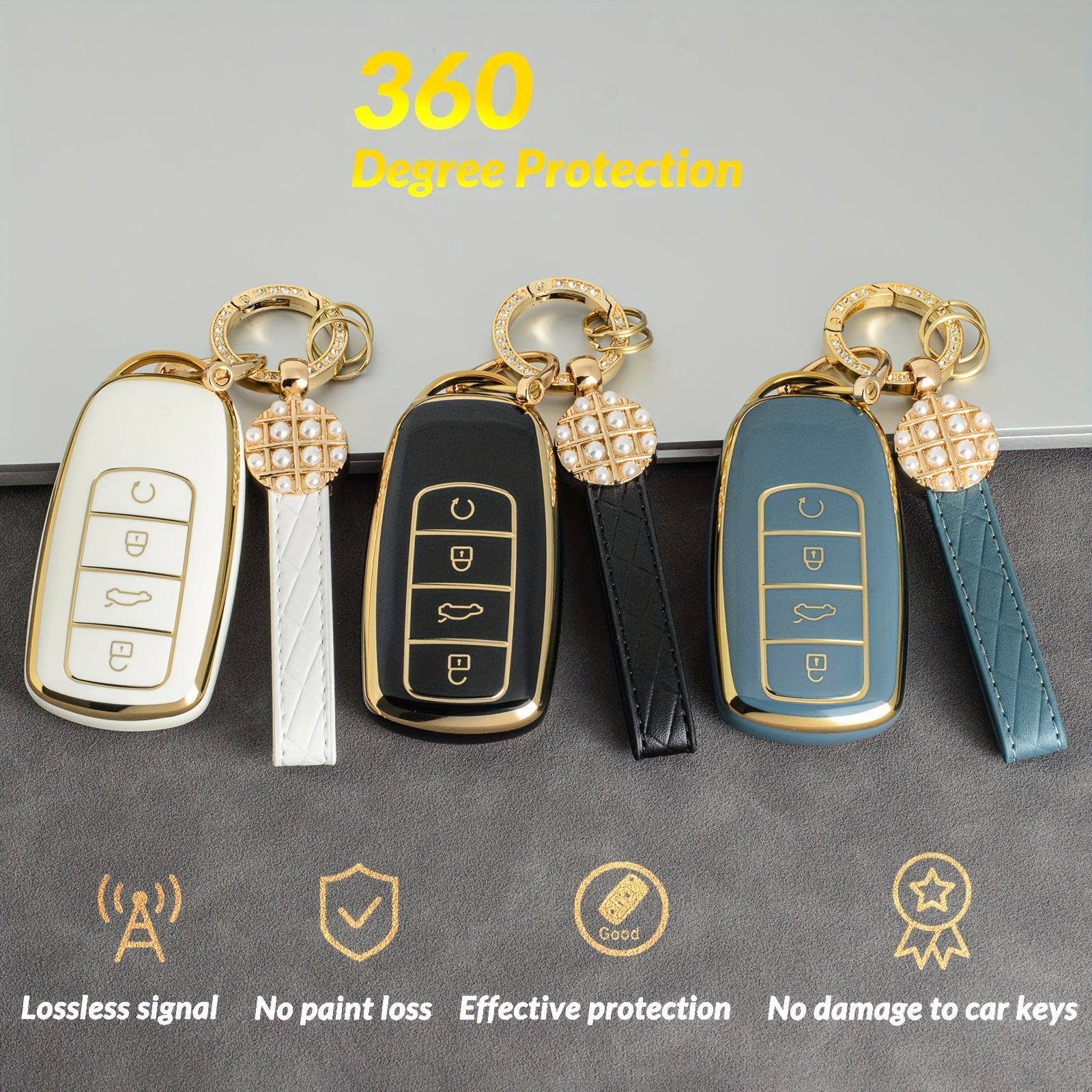 Leather Key Fob Protector with Bling Keychain for Car Key