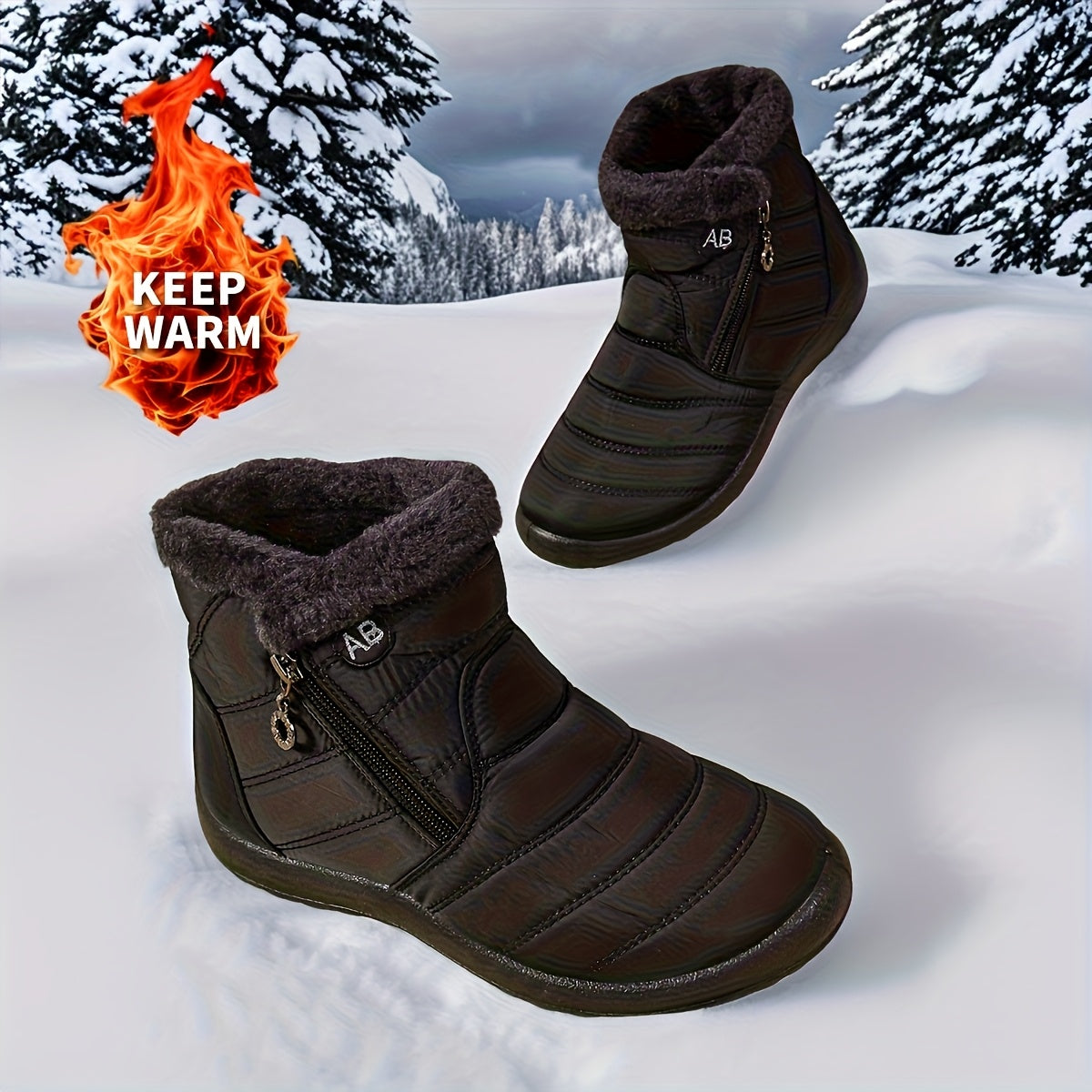 Women's Plush-Lined Winter Snow Boots with Side Zipper Faux Fur Collar