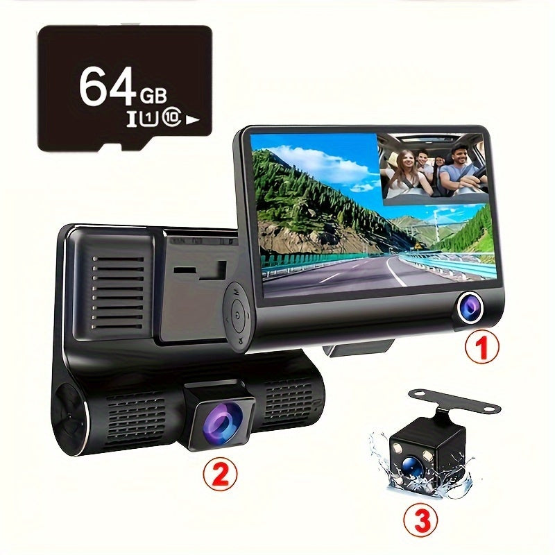 HD 3-Lens Dash Cam Night Vision Loop Recording Reversible Image Front Interior Rear View