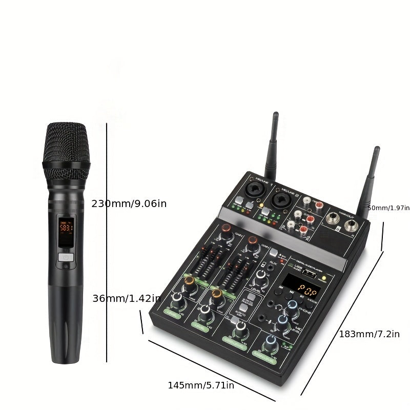 4-Channel Audio Mixer with UHF Microphone System USB Powered Alloy Black for Stage Karaoke Live Performances