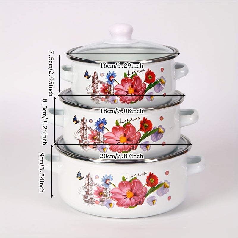 Zamonaviy 3-qismli Mini Emal Qozonlar To'plami - Oshxona va Ovqatlanish uchun Ideal, Qozon, Qovurish Qozoni va Qozon bilan ta'minlangan