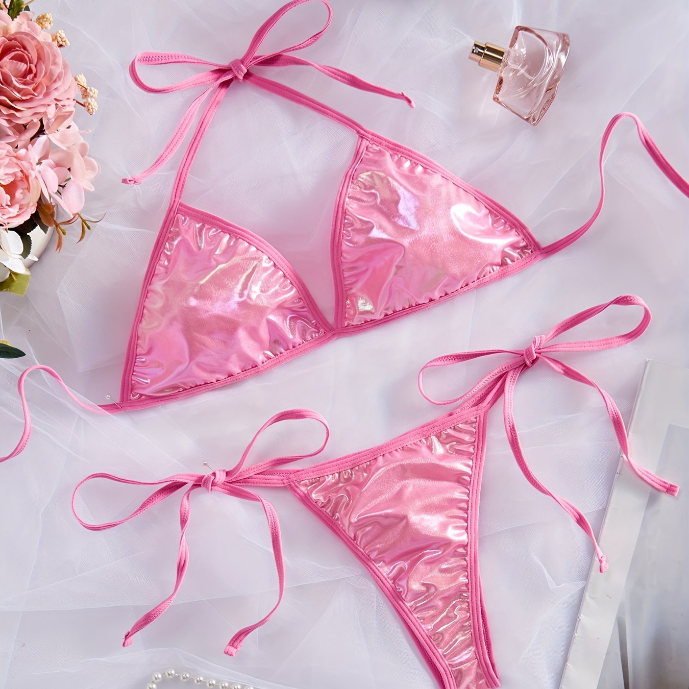 Women’s Metallic Halter Neck Lingerie Set with Backless Bra and Tie Side Thong