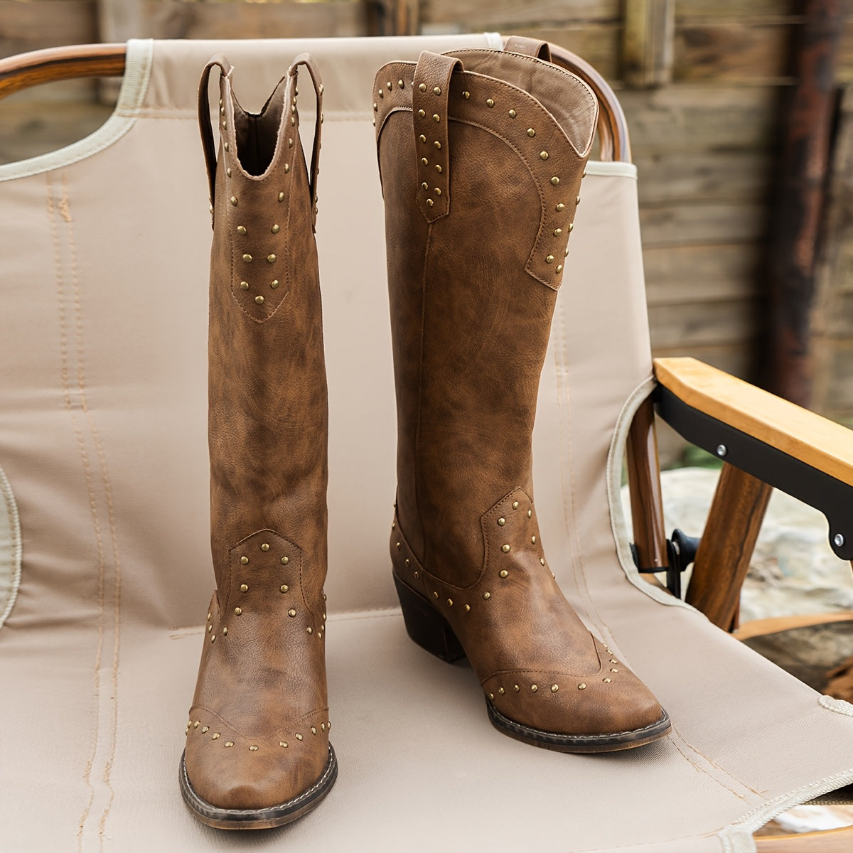 Women's Western Cowboy Boots Faux Cover Golden Studs Slip-On Mid-Heel