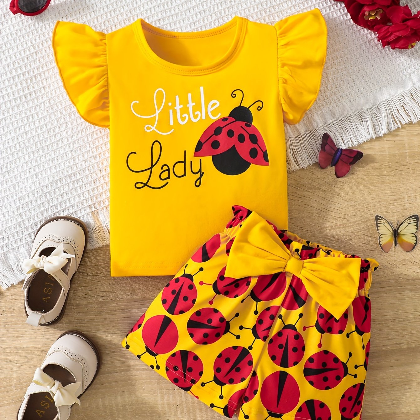 Baby Girl Summer Outfit Ruffle Sleeve Graphic T-Shirt and Ladybug Shorts Set