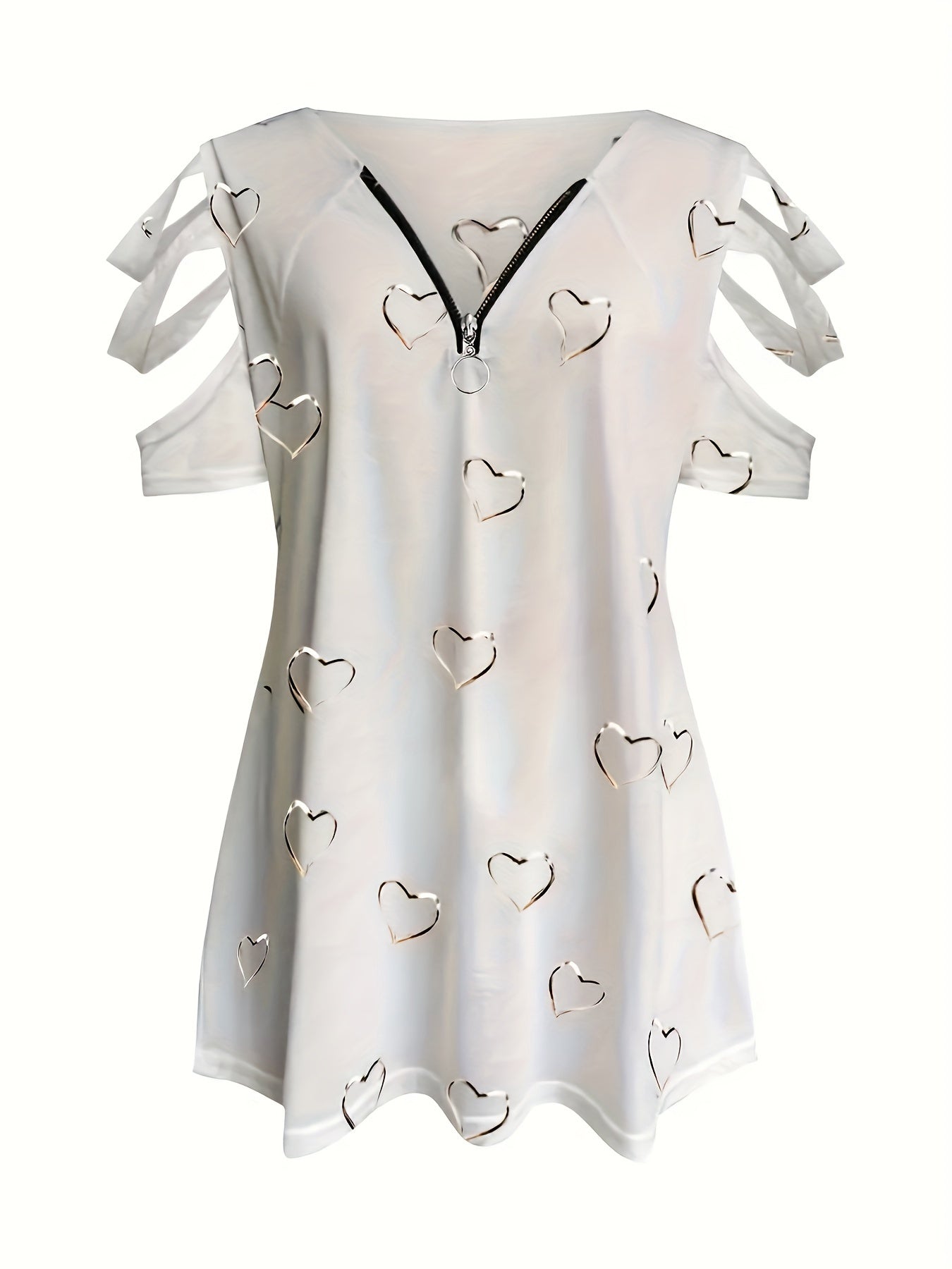 Women's Casual Polyester T-Shirt with Heart Print Zipper Short Sleeves V-Neck