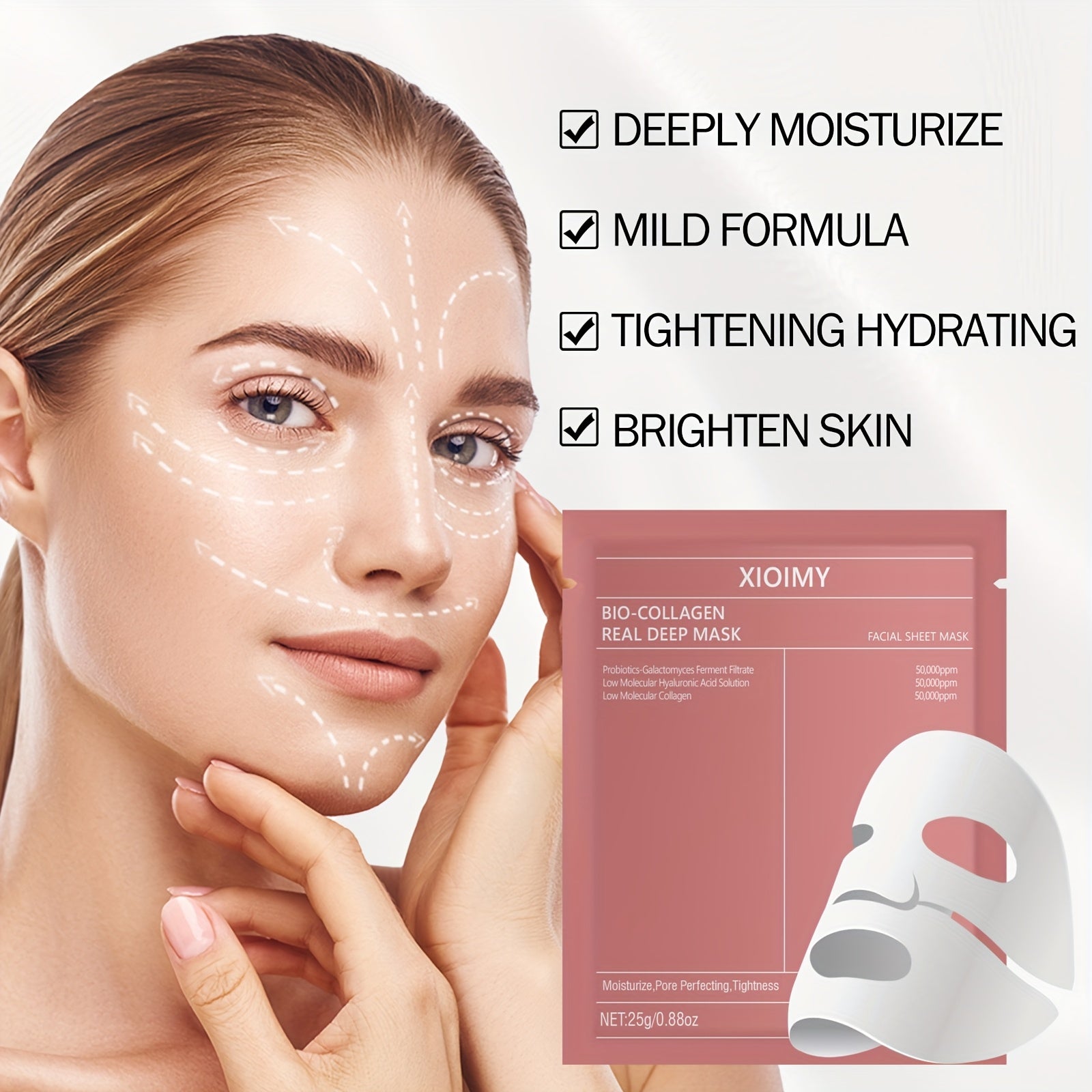 Máscara facial unisex 3 piezas colágeno ácido hialurónico hidratante iluminador cuidado de la piel
