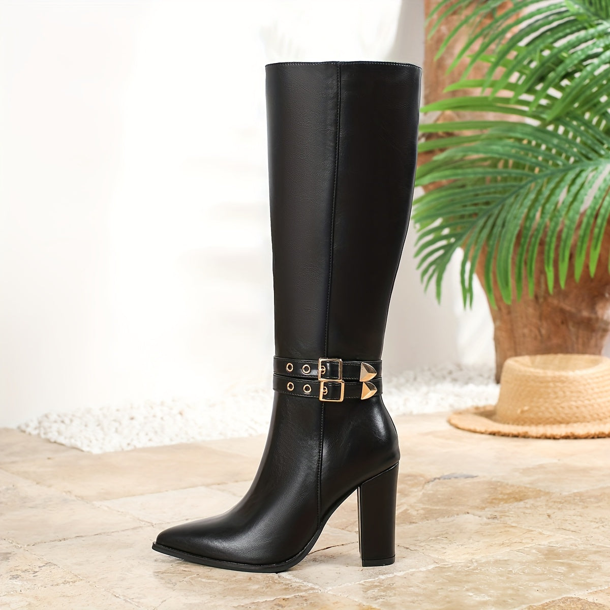 Women's Faux Leather Knee-High Block Heel Boots with Side Zipper