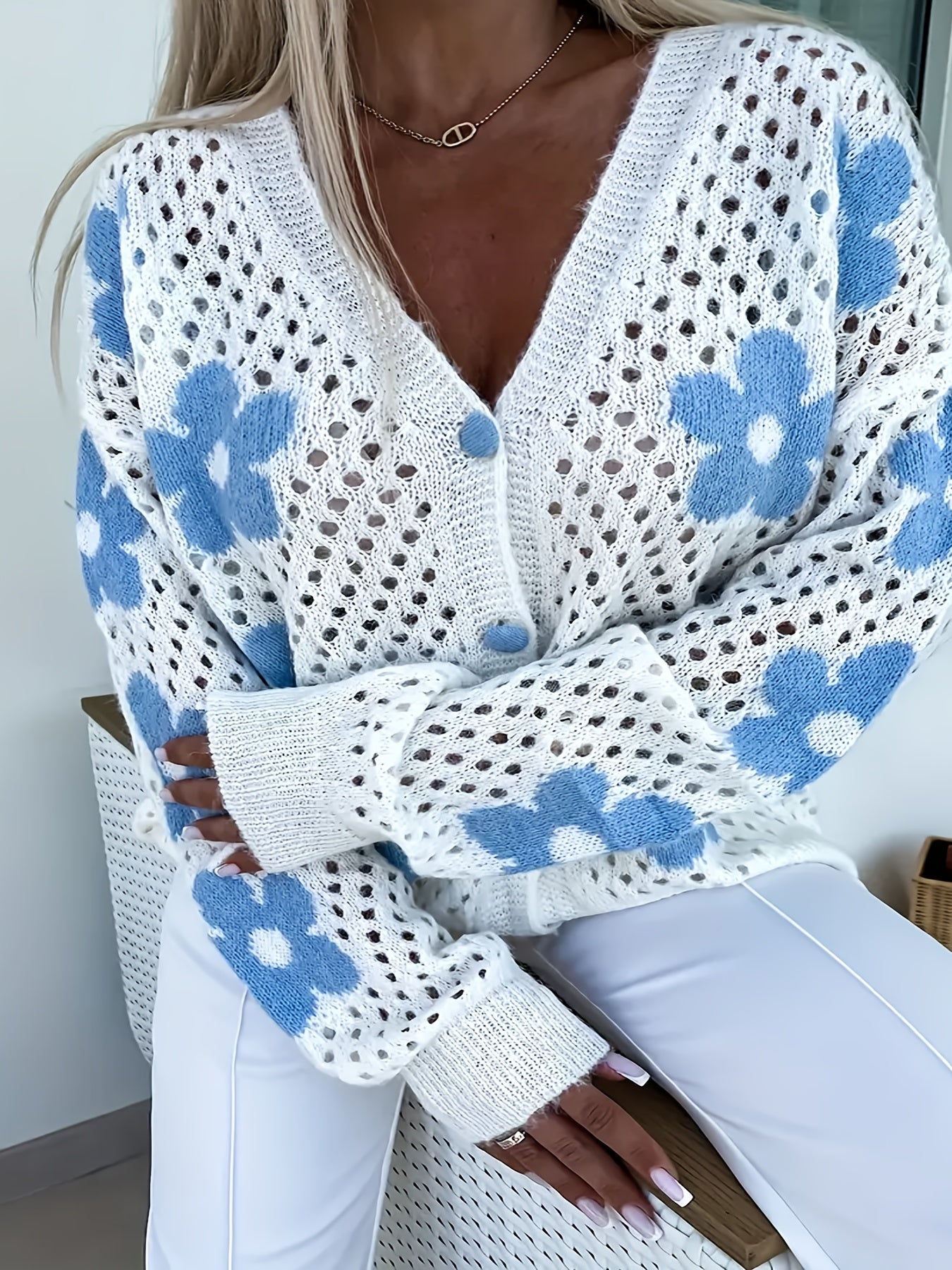 Plus Size Women's Crochet Cardigan Floral Pattern Long Sleeve Open Front Blue White Fall Winter