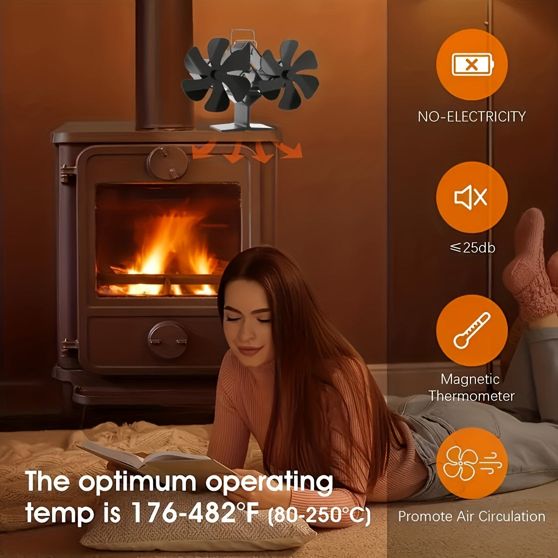 4-Blade Heat Powered Stove Fan for Wood and Pellet Stoves Eco-Friendly High Performance