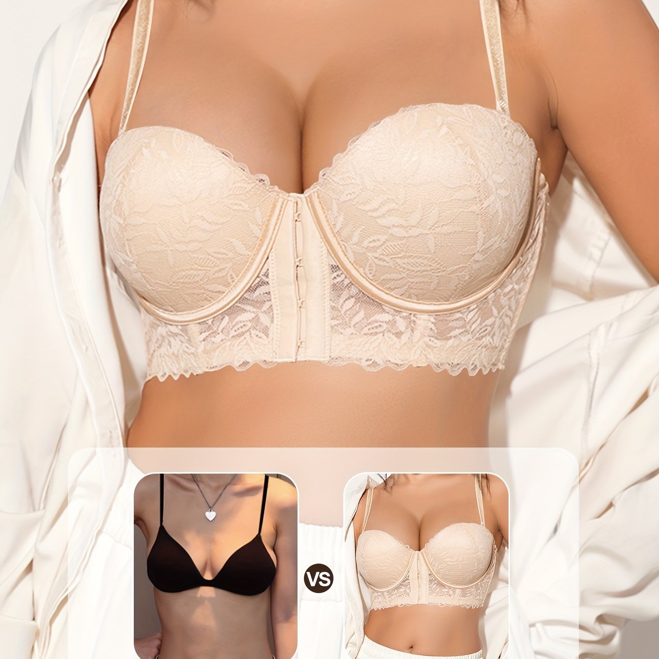 Old qismida tugma va ajratiladigan yelka tasmalari bilan yarim kubik dantel ichki kiyim, qulay va ko'p funksiyali kiyish uchun. Ko'rinmas brassier varianti.