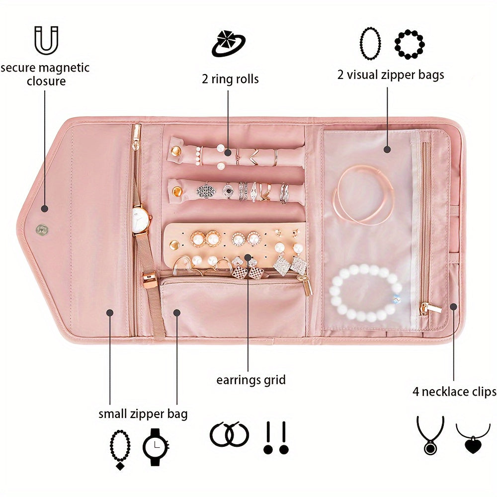 Polyester Jewelry Organizer Bag with Necklace Clips Earring Grid Ring Rolls and Zipper Pouches
