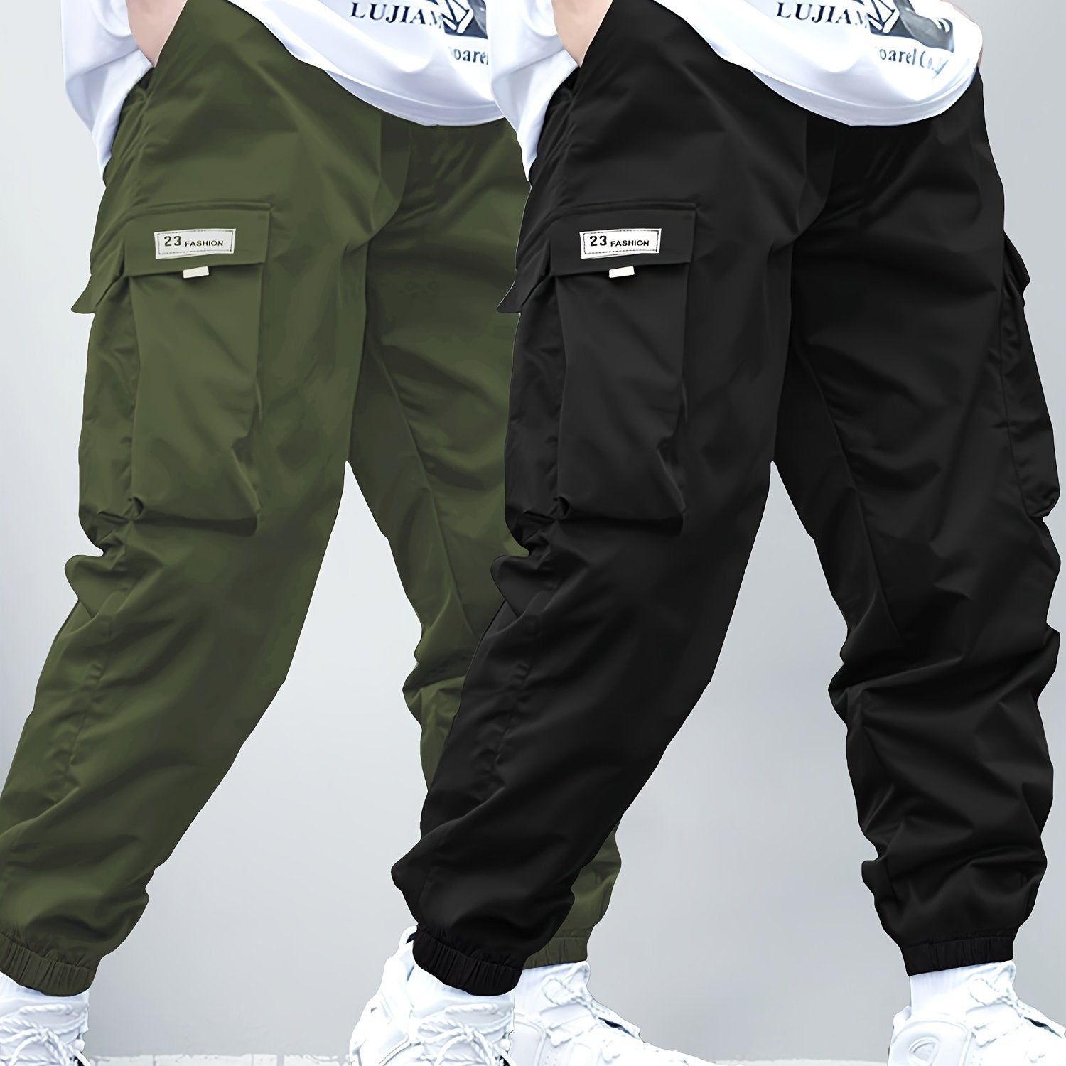 Boys Cargo Pants with Elastic Waist and Multi-Pocket Design in Durable Polyester for All Seasons