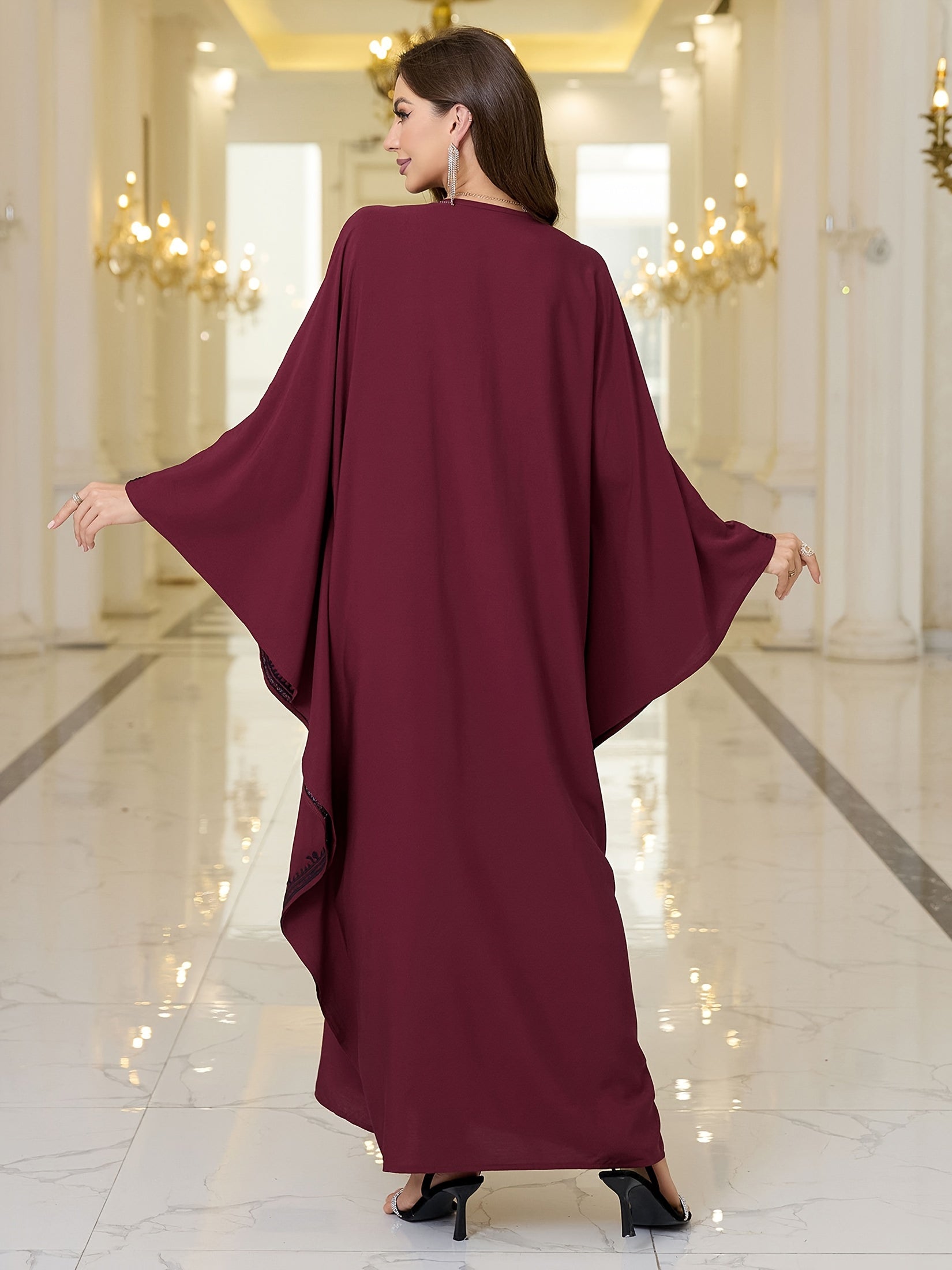 Plus Size Viscose Kaftan Dress V-Neck Embroidered Long Sleeve Beachwear