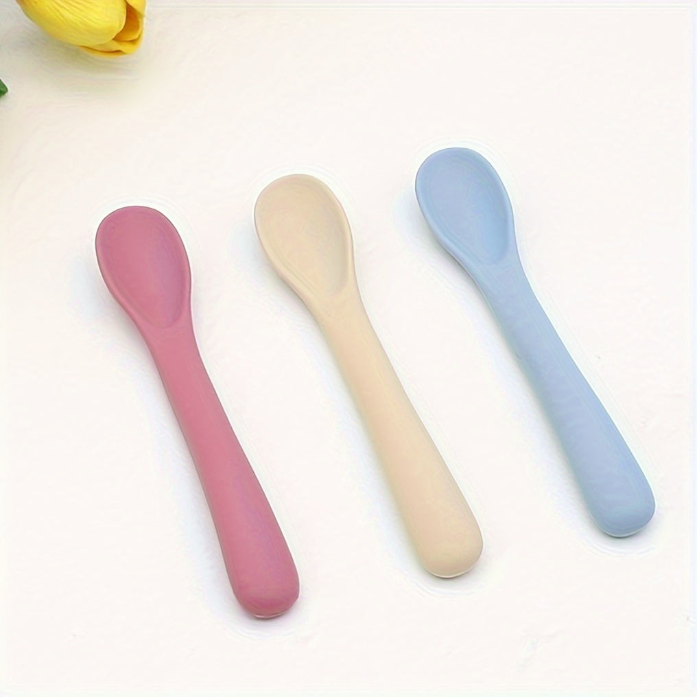 Set of 3 Blue Silicone Baby Feeding Spoons Gentle Secure for Easy Feeding