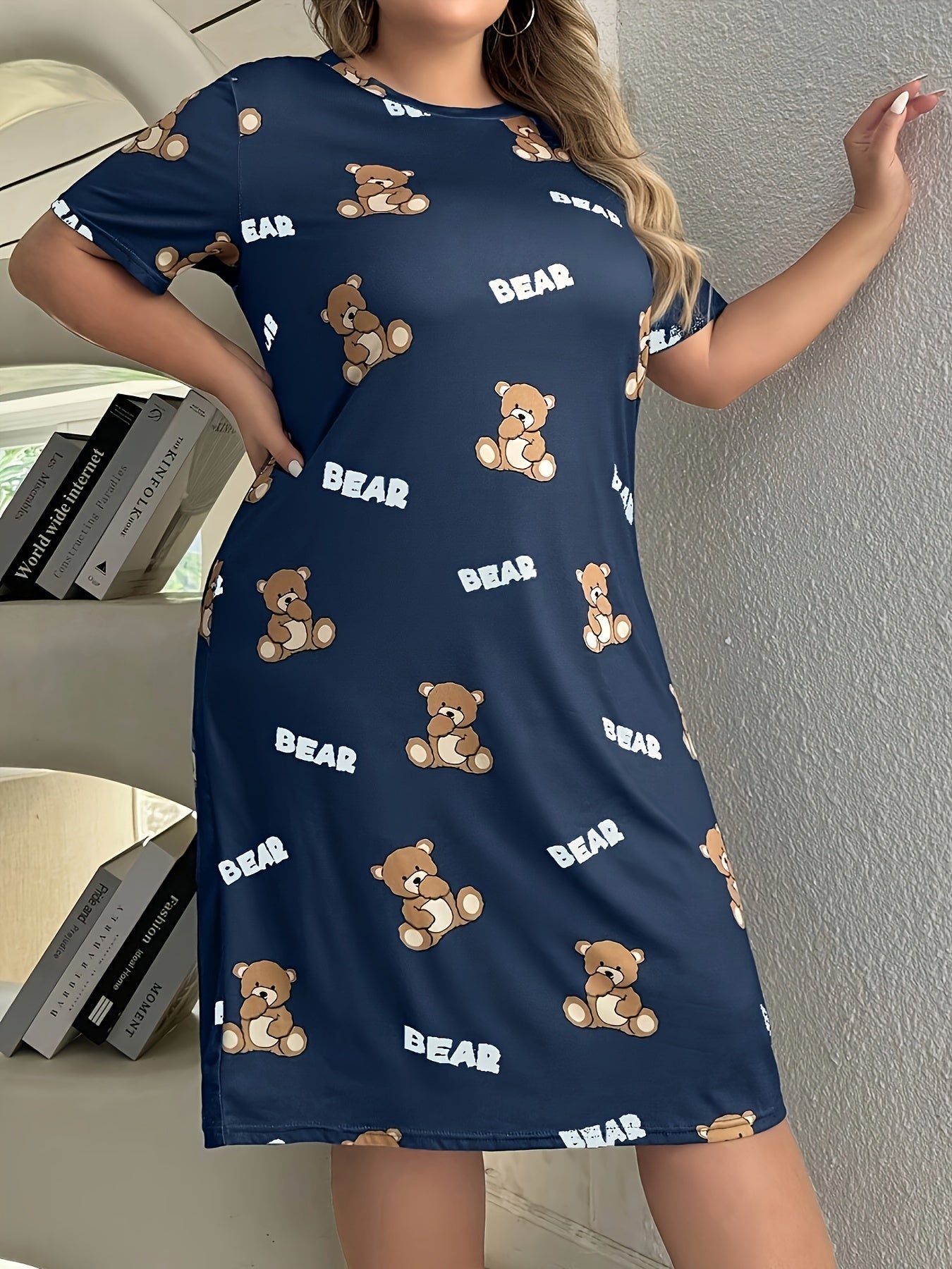 Women's Gray Cartoon Bear Print Sleepshirt Short Sleeve Nightgown