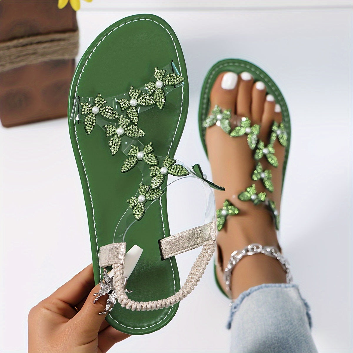 Women's Rhinestone Butterfly Flat Sandals Open Toe Summer Shoes Elastic Band Casual Slip-On
