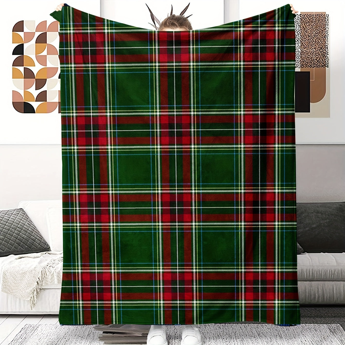 Cozy Flannel Plaid Throw Blanket for Couch Bed Stain-Resistant Machine Washable