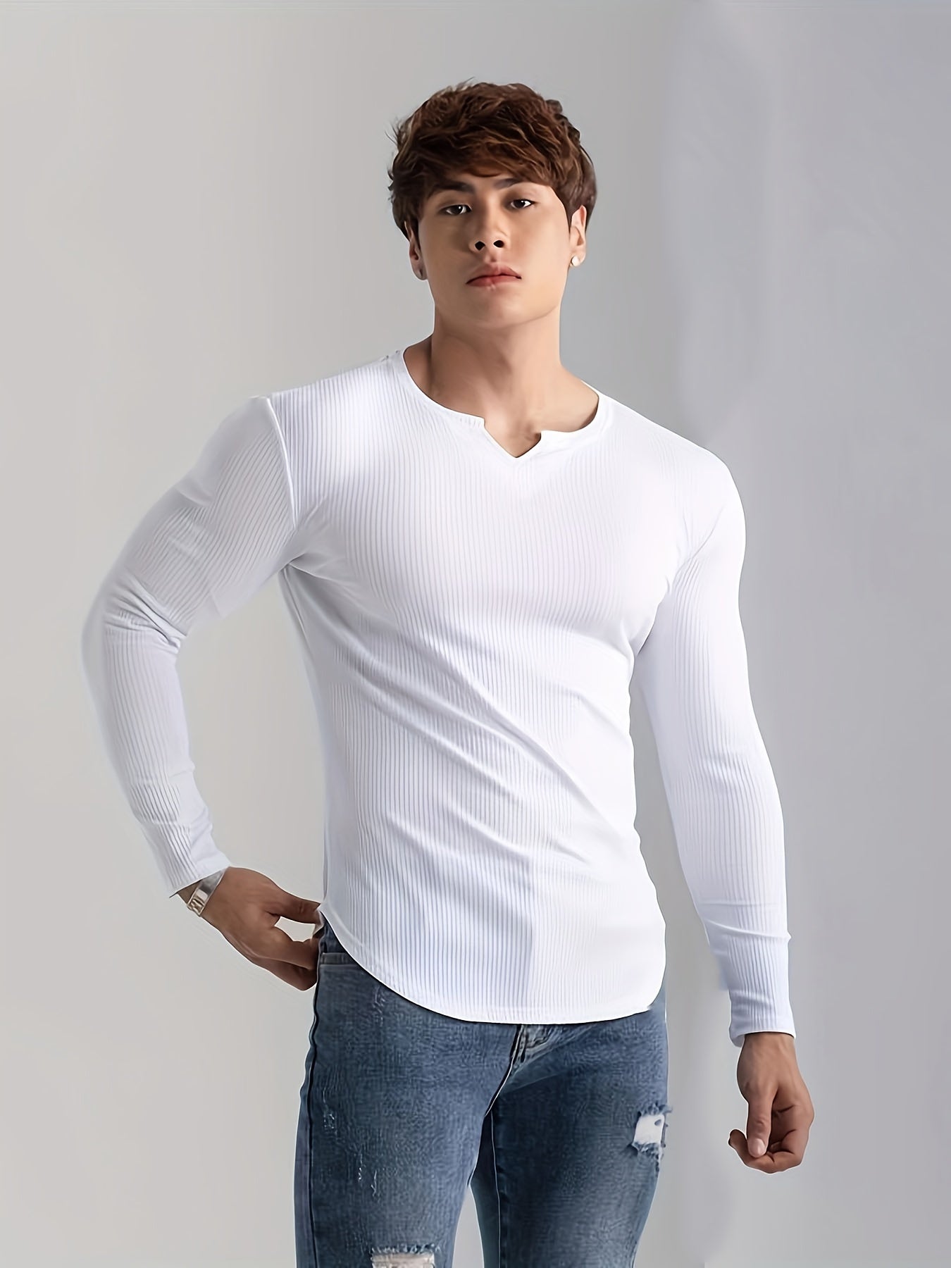 Men's Solid Color Long Sleeve V-Neck T-Shirt for Casual and Outdoor Wear