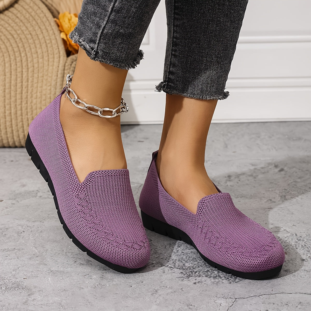 Women's Knit Slip-On Loafers Breathable Red All-Season Shoes