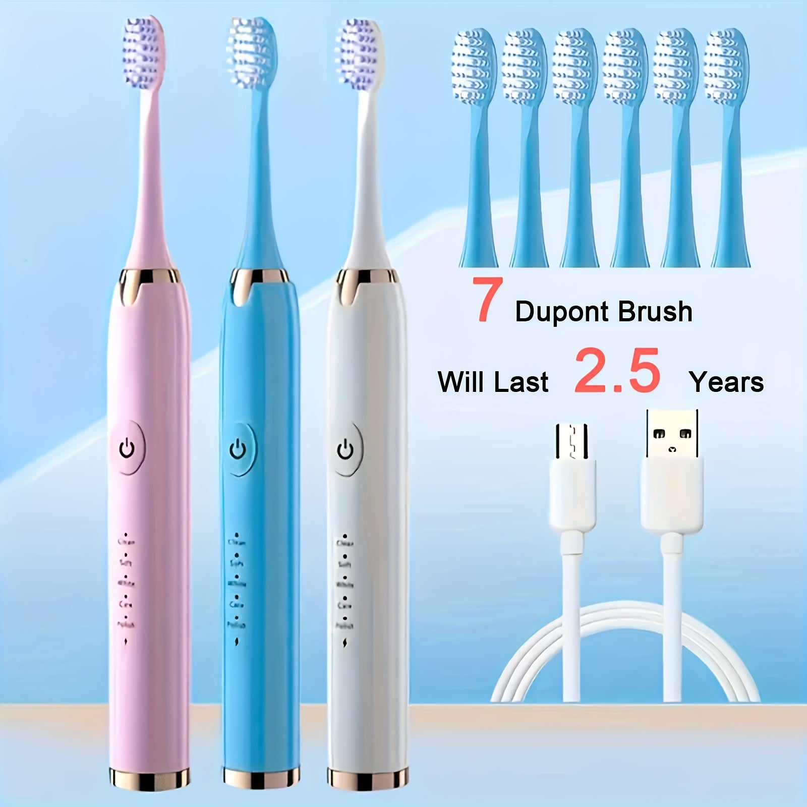 Electric Toothbrush with 7 Dupont Brush Heads 5 Modes USB Rechargeable Battery