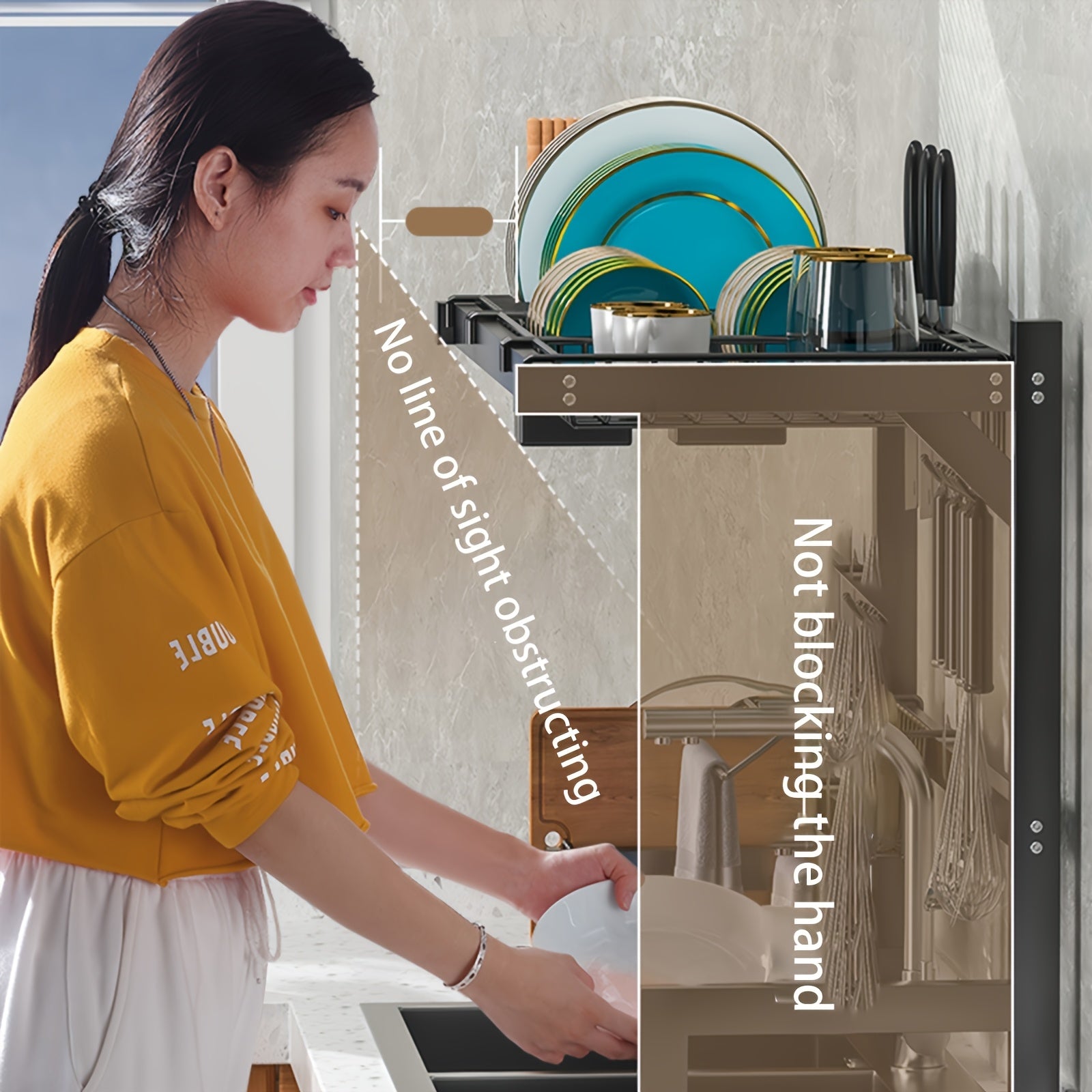 Iron over-the-sink dish drying rack with cutting board multi-layer storage space-saving design