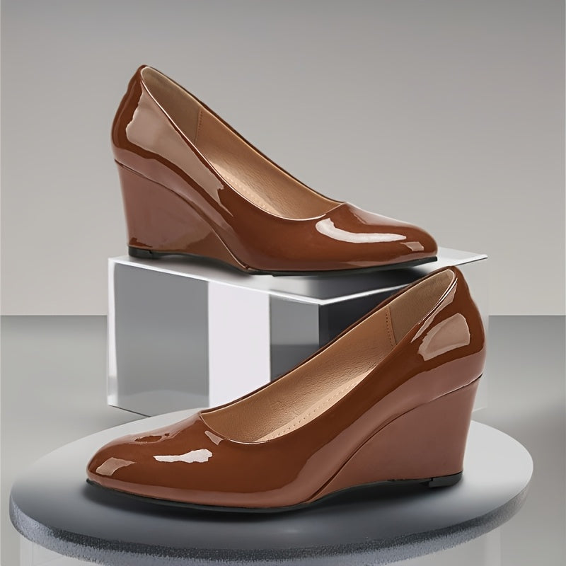 Women's Green Glossy Round Toe High Heel Pumps for Office and Formal Events