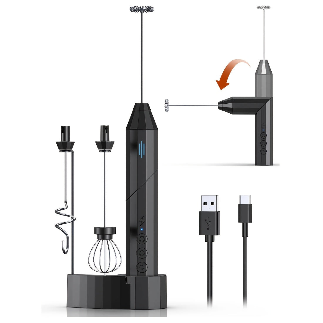 Batidor de leche de mano recargable con soporte, batidor eléctrico de 3 velocidades y accesorios de acero inoxidable