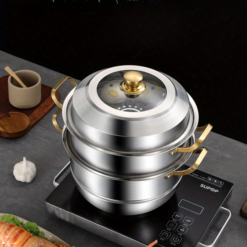 Stainless Steel Double Layer Steamer Pot 27.94cm with Multi-Tiered Dumpling Insert
