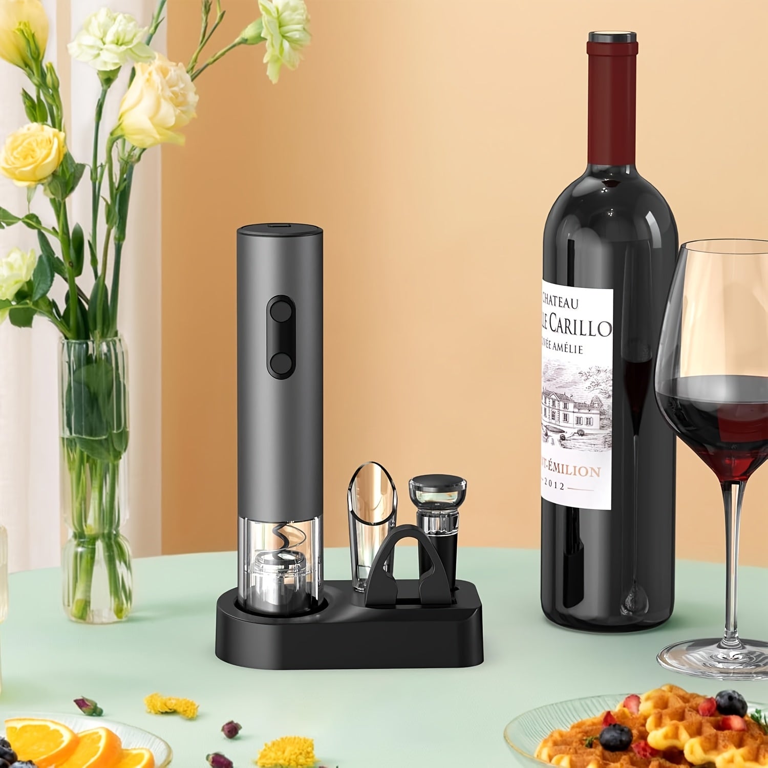 Uy uchun va bayramlar uchun vino aksessuarlar to'plami: folga kesuvchi, vakuum saqlovchi, quyish moslamasi va aerator