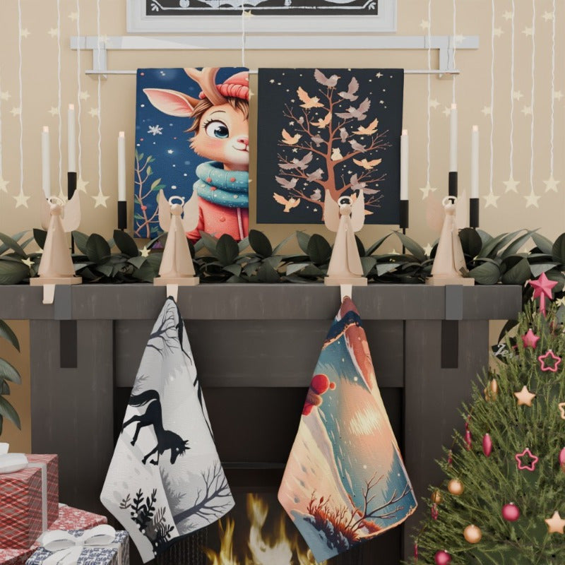 Set of 4 Polyester Kitchen Towels Reindeer Elk Design 45x66 cm Non-Woven