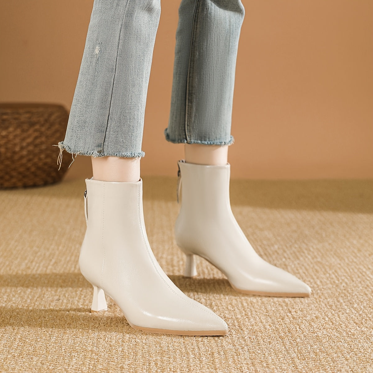 Women's Faux Leather Ankle Boots with Pointed Toe and Back Zipper