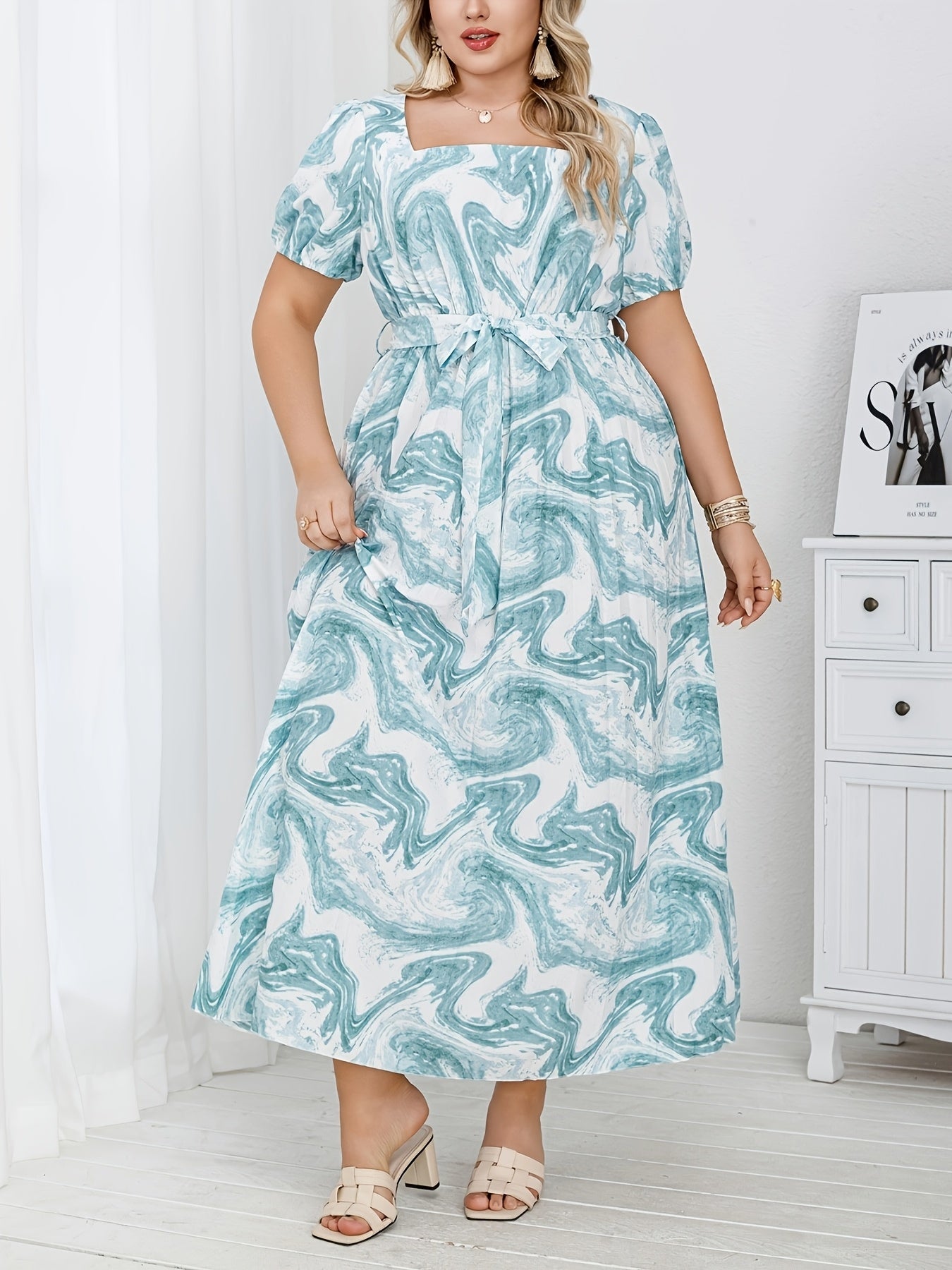 Plus Size Women’s Elegant Pleated Printed Dress for Middle Eastern Style