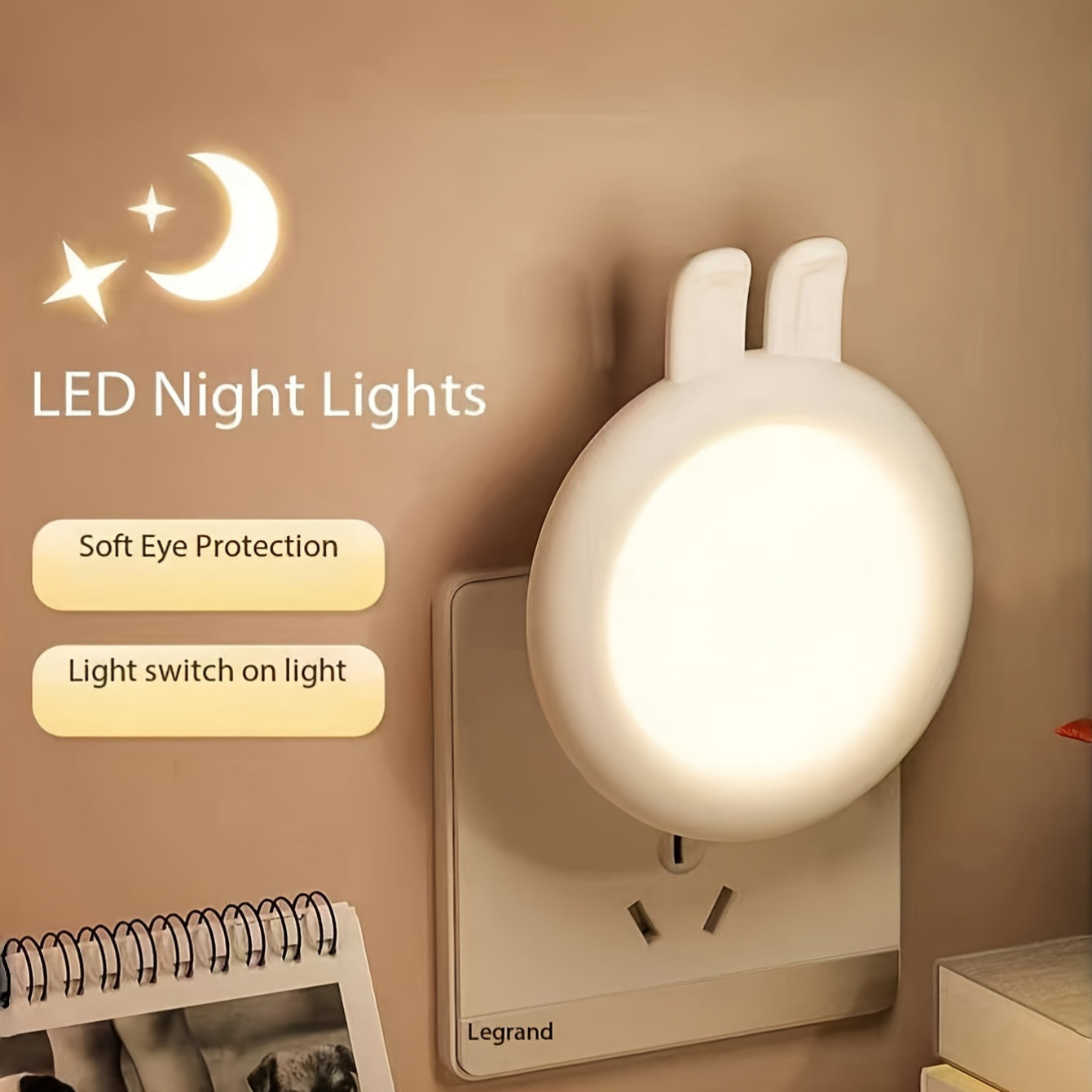 Luz nocturna de tema animal con sensor de luz y enchufe europeo para decoración de dormitorio