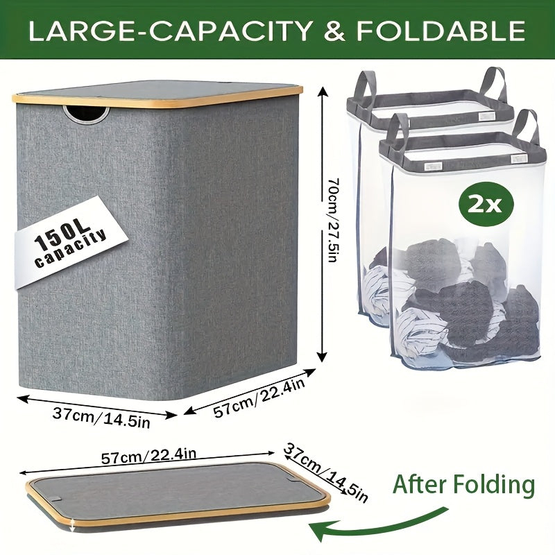 Large Capacity Double Layer Laundry Basket with Lid and Removable Washable Bags