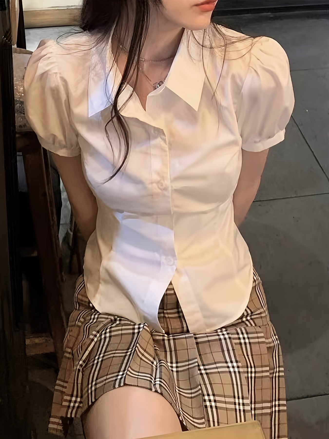 Women's White Polyester Blouse with Tie-Waist and Short Lantern Sleeves for Casual Wear