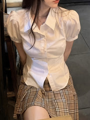 Women's White Polyester Blouse with Tie-Waist and Short Lantern Sleeves for Casual Wear